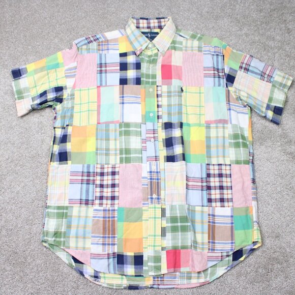 Ralph Lauren Shirt Mens Large Blake Patchwork Madras Short Sleeve Cotton Button - Picture 2 of 13
